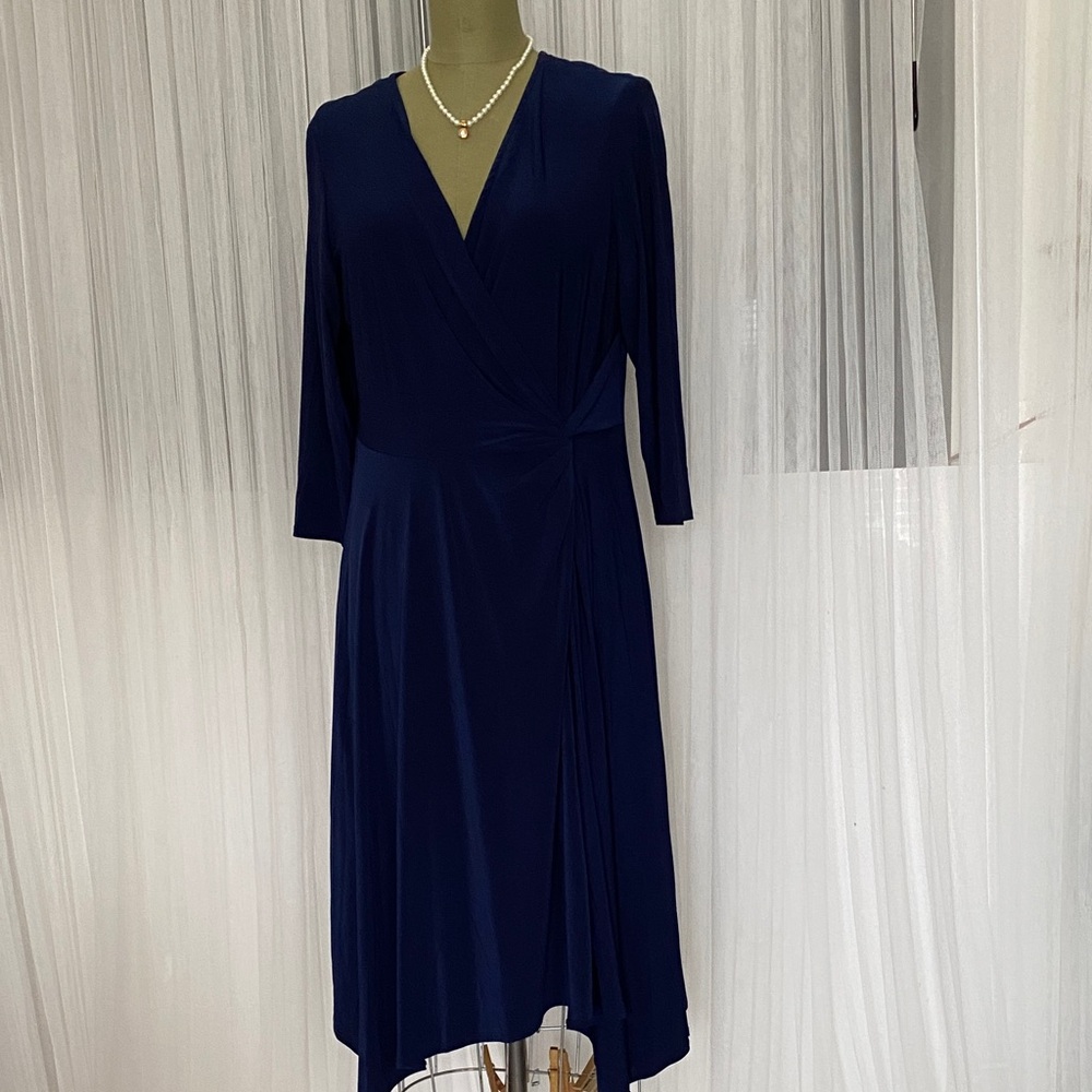 Perceptions New York Elegant Navy Blue Faux Twisted Bite Shark Hem Dress Size L